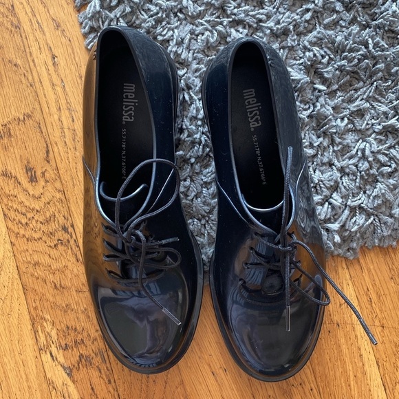 Melissa Black Rubber Stacked Block Heel Oxford Jelly Shoes Size 6 - Picture 4 of 14